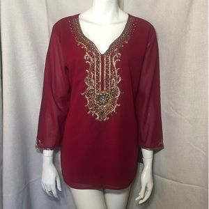 Red Boho Beaded Indian Tunic Plus Size XXL